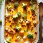 "Overhead shot of keto chicken bacon ranch casserole with melted cheddar and broccoli in a white baking dish on a clean marble countertop"
