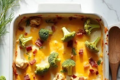 "Overhead shot of keto chicken bacon ranch casserole with melted cheddar and broccoli in a white baking dish on a clean marble countertop"