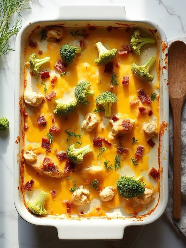 "Overhead shot of keto chicken bacon ranch casserole with melted cheddar and broccoli in a white baking dish on a clean marble countertop"