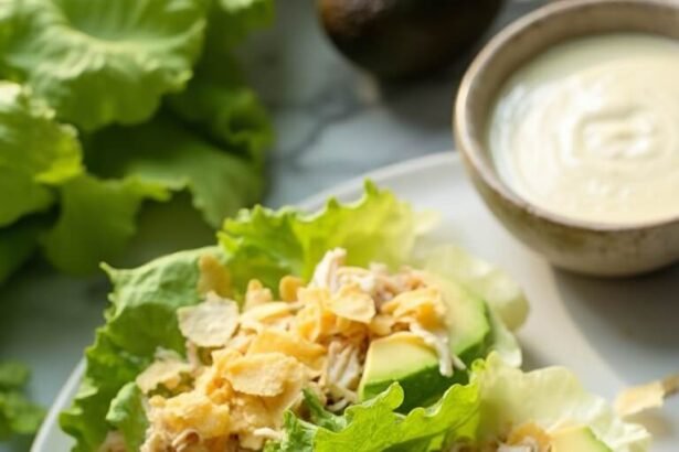 "Keto chicken Caesar wraps with avocado and Parmesan crisps on a white marble countertop"