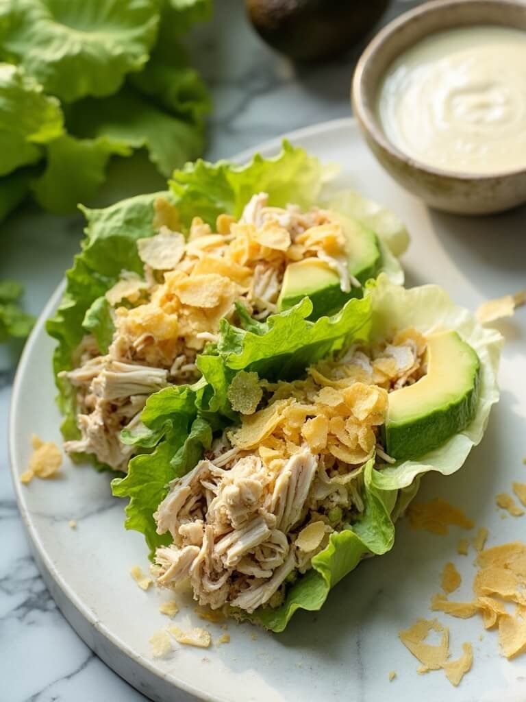 "Keto chicken Caesar wraps with avocado and Parmesan crisps on a white marble countertop"