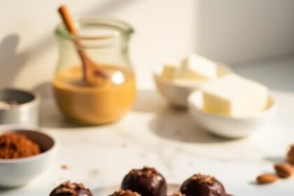 "Keto chocolate almond fat bombs on a white plate with almond butter, cocoa powder, and coconut oil in the background"