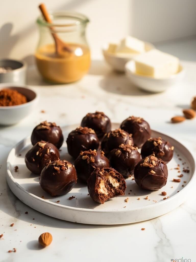"Keto chocolate almond fat bombs on a white plate with almond butter, cocoa powder, and coconut oil in the background"
