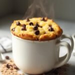 "Keto chocolate chip mug cake with melted sugar-free chocolate and almond flour dusting, served on a marble countertop under warm, natural lighting"