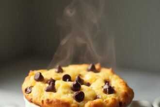 "Keto chocolate chip mug cake with melted sugar-free chocolate and almond flour dusting, served on a marble countertop under warm, natural lighting"