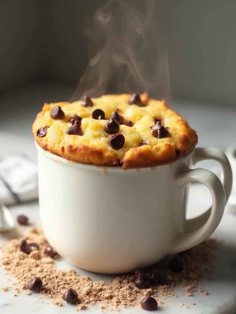 "Keto chocolate chip mug cake with melted sugar-free chocolate and almond flour dusting, served on a marble countertop under warm, natural lighting"