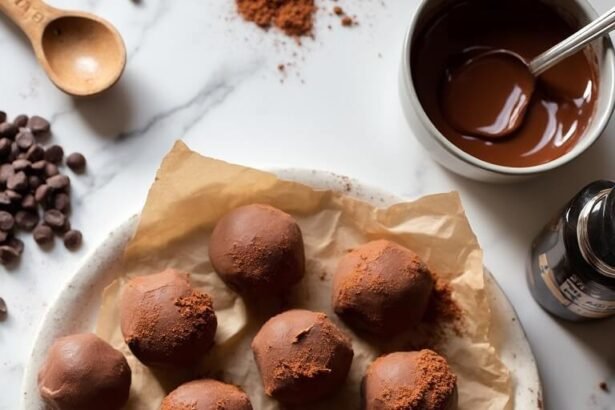 "Overhead view of keto chocolate truffles with cocoa powder on a white marble surface, surrounded by ingredients and baking tools in soft, warm lighting"