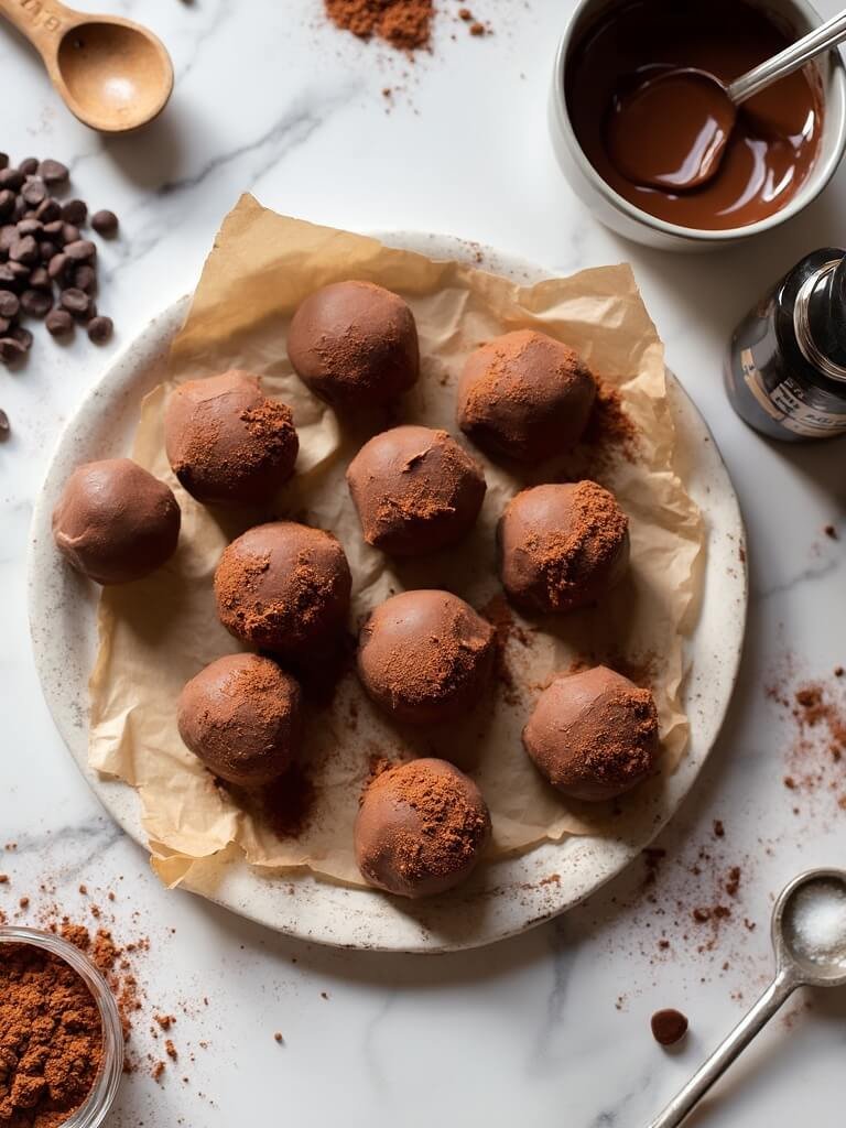 "Overhead view of keto chocolate truffles with cocoa powder on a white marble surface, surrounded by ingredients and baking tools in soft, warm lighting"