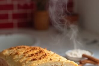 "Keto cinnamon swirl bread with almond flour and erythritol on a clean marble countertop"