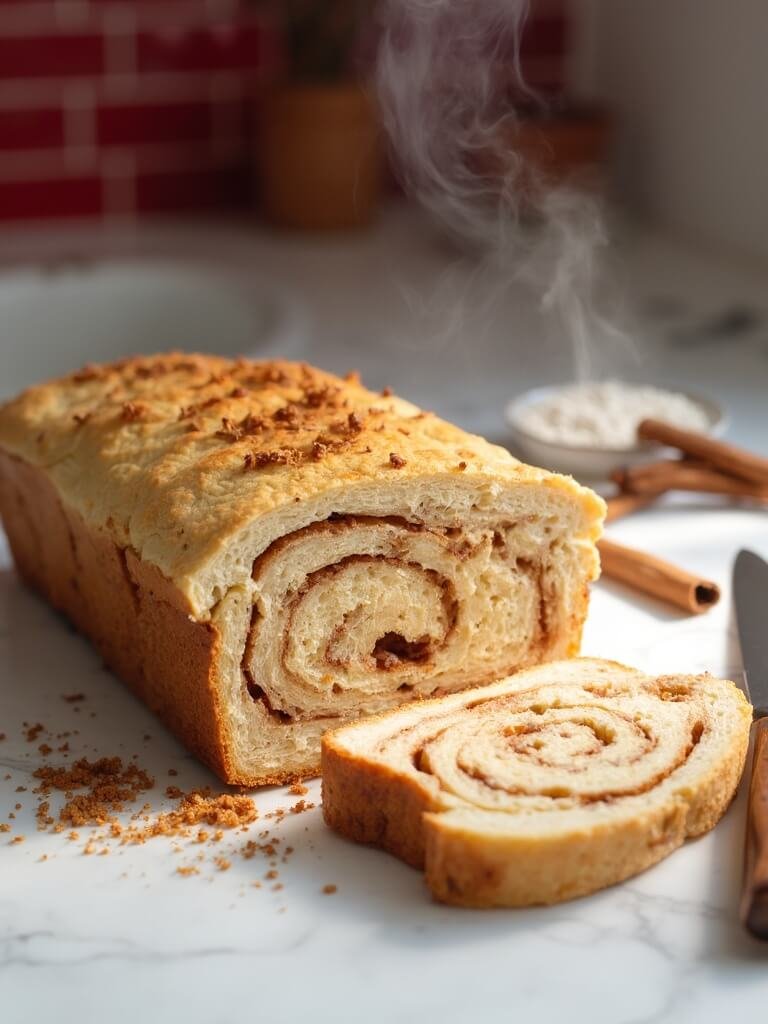 "Keto cinnamon swirl bread with almond flour and erythritol on a clean marble countertop"