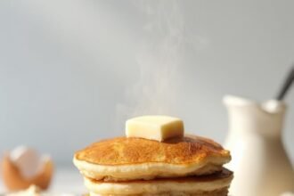 "Stack of golden-brown, fluffy coconut flour keto pancakes with melted butter on a white plate, surrounded by ingredients like coconut flour, eggshells, heavy cream, and vanilla beans, shot in warm natural light."