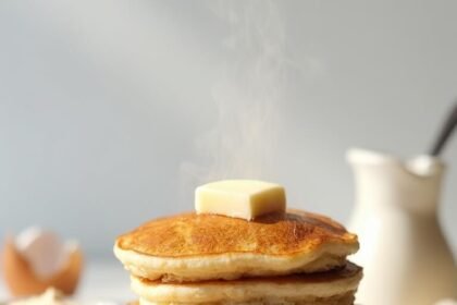 "Stack of golden-brown, fluffy coconut flour keto pancakes with melted butter on a white plate, surrounded by ingredients like coconut flour, eggshells, heavy cream, and vanilla beans, shot in warm natural light."