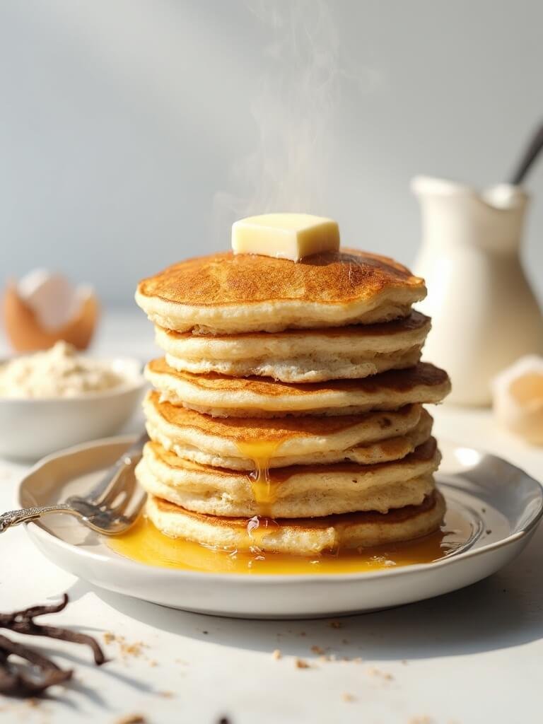 "Stack of golden-brown, fluffy coconut flour keto pancakes with melted butter on a white plate, surrounded by ingredients like coconut flour, eggshells, heavy cream, and vanilla beans, shot in warm natural light."