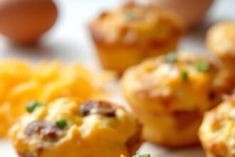 "Keto egg muffins with sausage, bell peppers, mushrooms, and cheddar cheese on a clean white background"