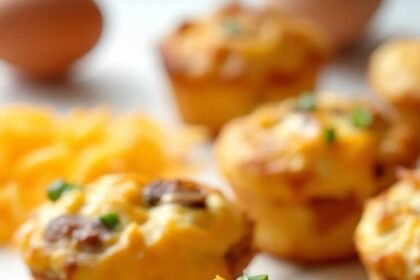 "Keto egg muffins with sausage, bell peppers, mushrooms, and cheddar cheese on a clean white background"
