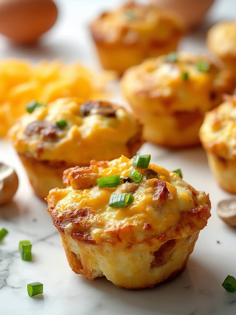 "Keto egg muffins with sausage, bell peppers, mushrooms, and cheddar cheese on a clean white background"