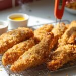 "Golden keto fried chicken tenders with pork rind breading on a wire rack in a modern kitchen"