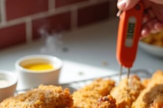 "Golden keto fried chicken tenders with pork rind breading on a wire rack in a modern kitchen"