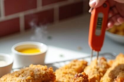 "Golden keto fried chicken tenders with pork rind breading on a wire rack in a modern kitchen"
