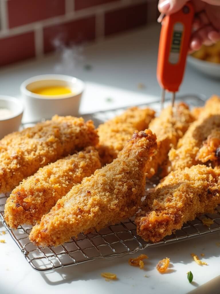 "Golden keto fried chicken tenders with pork rind breading on a wire rack in a modern kitchen"