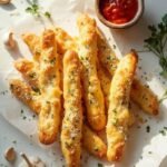 "Golden-brown cheesy garlic keto breadsticks with parmesan and herbs on a clean background, accompanied by marinara dipping sauce and fresh ingredients"