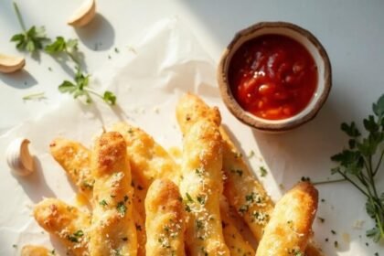 "Golden-brown cheesy garlic keto breadsticks with parmesan and herbs on a clean background, accompanied by marinara dipping sauce and fresh ingredients"