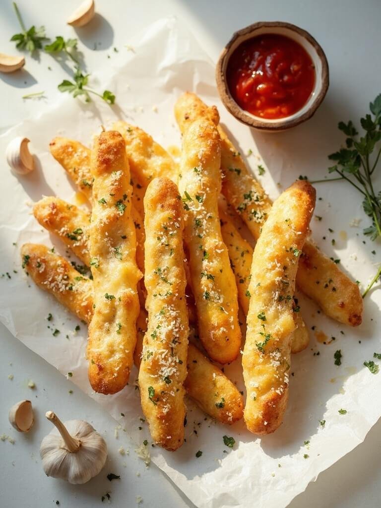 "Golden-brown cheesy garlic keto breadsticks with parmesan and herbs on a clean background, accompanied by marinara dipping sauce and fresh ingredients"