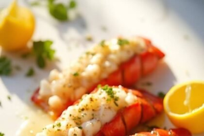"Garlic butter lobster tails with herbs and lemon on a clean white marble background"