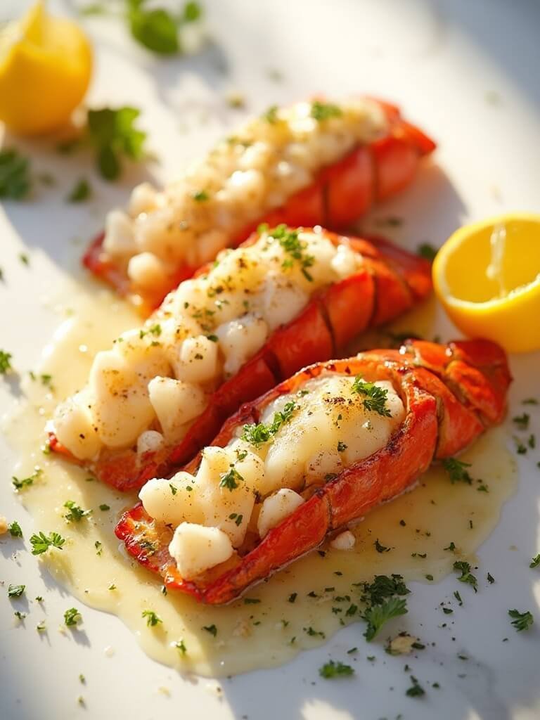 "Garlic butter lobster tails with herbs and lemon on a clean white marble background"