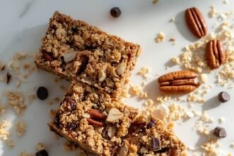 "Keto granola bars with almonds, pecans, and chocolate chips on a clean white marble background"