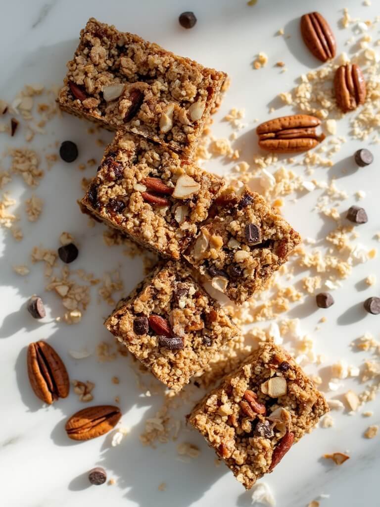 "Keto granola bars with almonds, pecans, and chocolate chips on a clean white marble background"