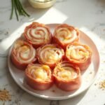 "Overhead view of keto ham and cheese roll-ups with cream cheese and garlic seasoning on white marble counter"