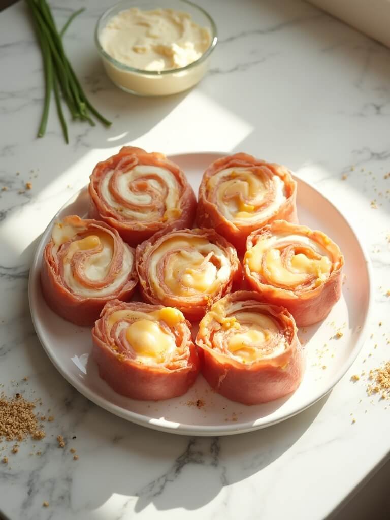 "Overhead view of keto ham and cheese roll-ups with cream cheese and garlic seasoning on white marble counter"