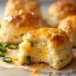 "Golden-brown keto jalapeño cheddar biscuits with visible melted cheese and diced peppers on a clean marble countertop"