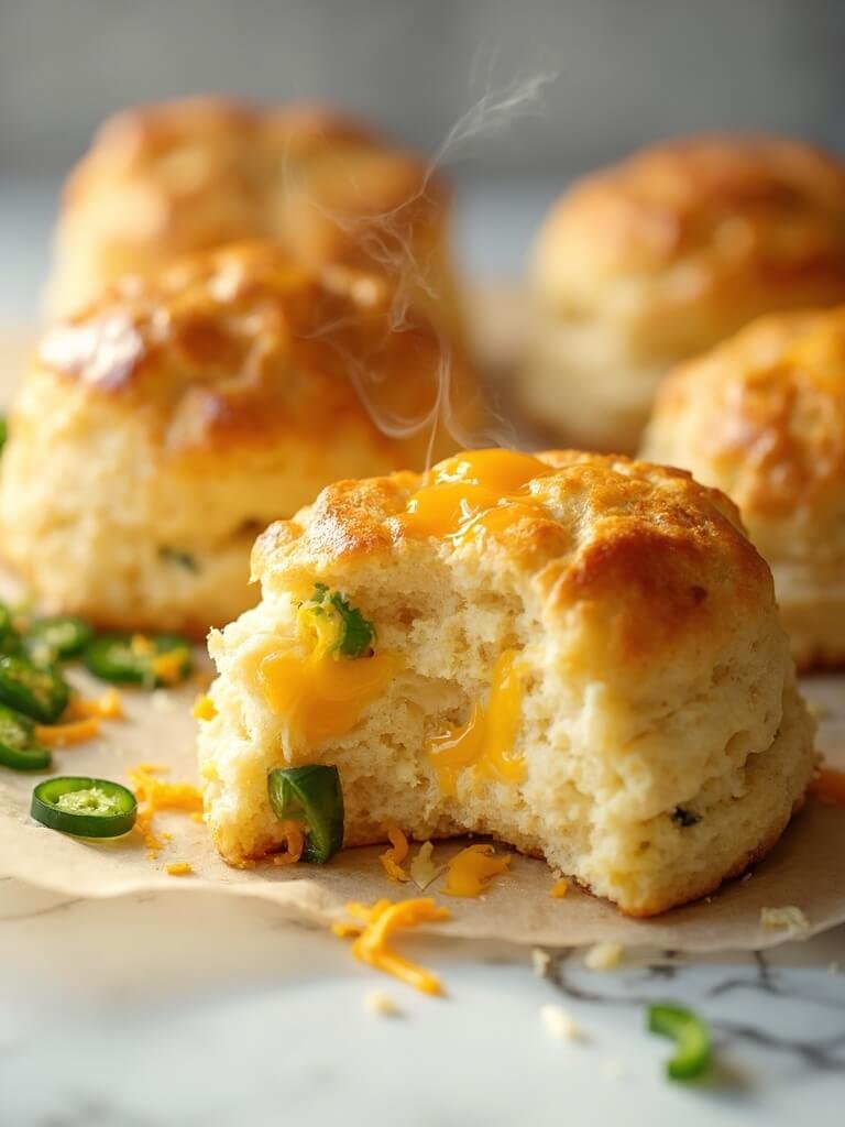 "Golden-brown keto jalapeño cheddar biscuits with visible melted cheese and diced peppers on a clean marble countertop"