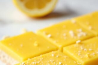 "Sugar-free keto lemon bars with almond crust arranged on a clean white marble background, dusted with powdered erythritol, and accompanied by fresh lemon zest and halved lemons."