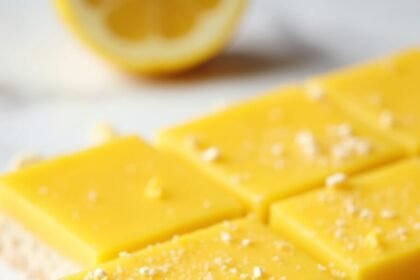 "Sugar-free keto lemon bars with almond crust arranged on a clean white marble background, dusted with powdered erythritol, and accompanied by fresh lemon zest and halved lemons."