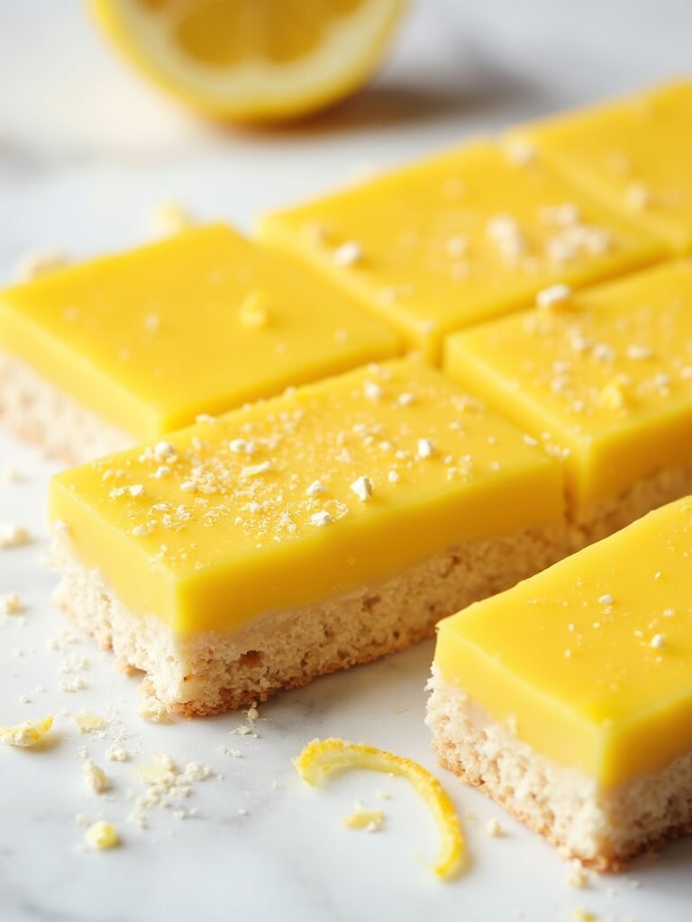 "Sugar-free keto lemon bars with almond crust arranged on a clean white marble background, dusted with powdered erythritol, and accompanied by fresh lemon zest and halved lemons."