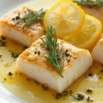 "Zesty keto lemon butter cod with fresh herbs and golden crust on clean white plate"