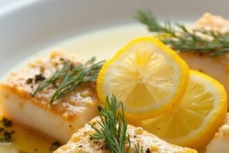 "Zesty keto lemon butter cod with fresh herbs and golden crust on clean white plate"