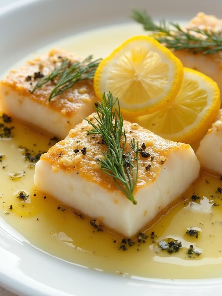 "Zesty keto lemon butter cod with fresh herbs and golden crust on clean white plate"