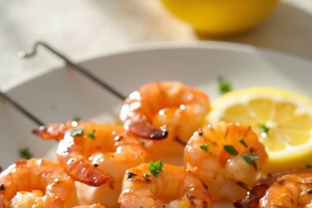 "Grilled keto lemon butter shrimp skewers on a white ceramic platter with parsley and lemon wedges, shot from a 45-degree angle in cinematic lighting"