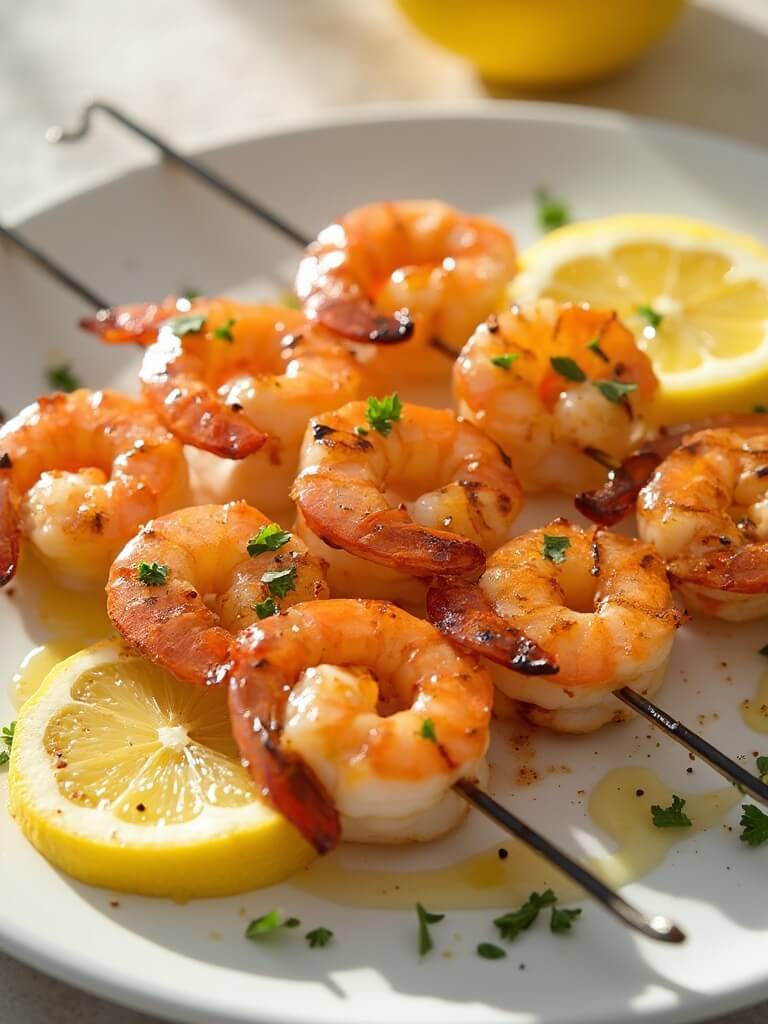"Grilled keto lemon butter shrimp skewers on a white ceramic platter with parsley and lemon wedges, shot from a 45-degree angle in cinematic lighting"