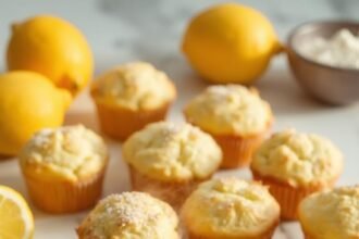 "Freshly baked keto lemon poppy seed muffins with almond flour and fresh lemons on a clean white marble background"