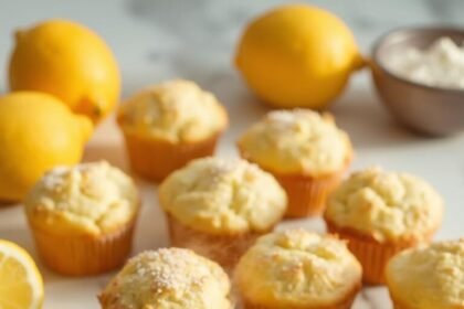 "Freshly baked keto lemon poppy seed muffins with almond flour and fresh lemons on a clean white marble background"
