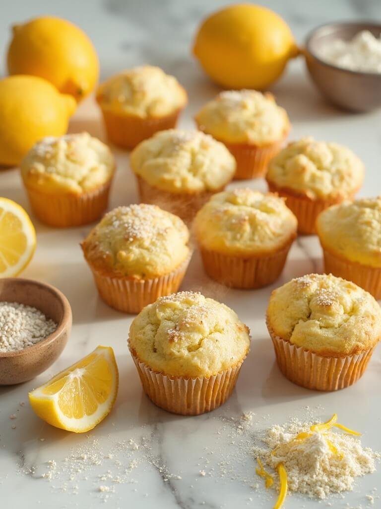 "Freshly baked keto lemon poppy seed muffins with almond flour and fresh lemons on a clean white marble background"