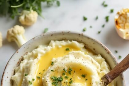"Overhead shot of creamy keto mashed cauliflower in a white bowl, garnished with chives and Parmesan, with a wooden spoon, cauliflower florets, and garlic cloves arranged around it."