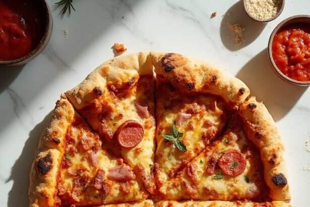 "Overhead view of a keto meat lovers' fathead pizza with bacon, sausage, pepperoni, ham, and melted cheese on a white marble background"