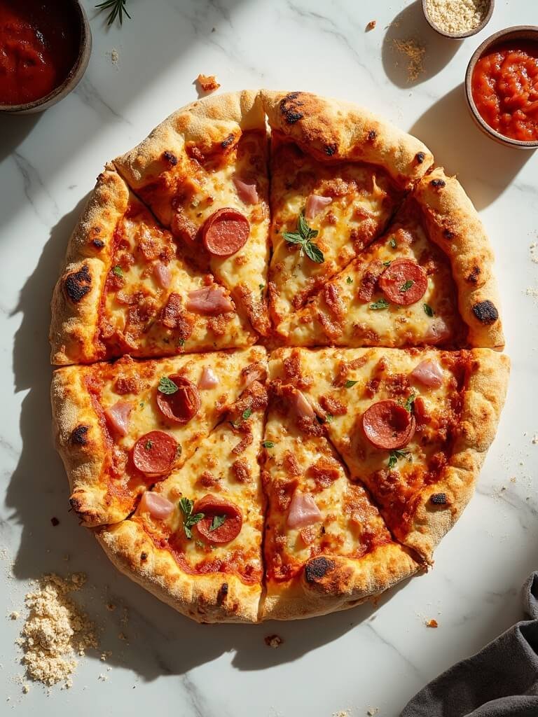 "Overhead view of a keto meat lovers' fathead pizza with bacon, sausage, pepperoni, ham, and melted cheese on a white marble background"