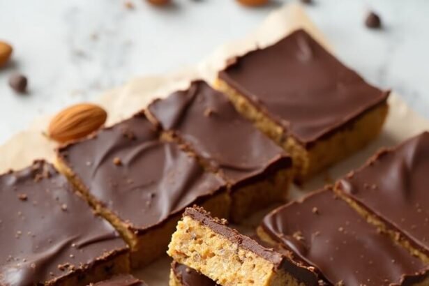 "Overhead shot of homemade keto protein bars with almond butter base and dark chocolate topping on a white marble surface"